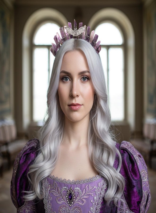 CoTeeZa Amethyst Crystal Crown for Women - Gothic Bat Elf Headband Raw Quartz Tiara Moon Goddess Headpiece, Whimsical Mystical Elven Circlet for Witch Renfaire Renaissance Halloween Cosplay - Image 2
